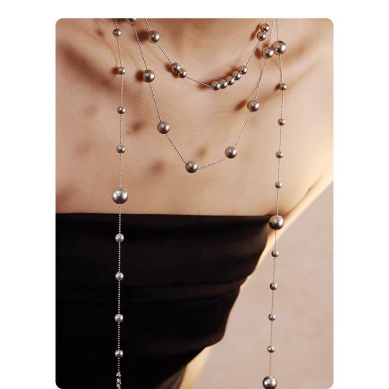 European and American Broken Sense Layered Pearl Sweater Chain Three-layer Asymmetric Necklace Women's French Multi-layer Pearl Necklace