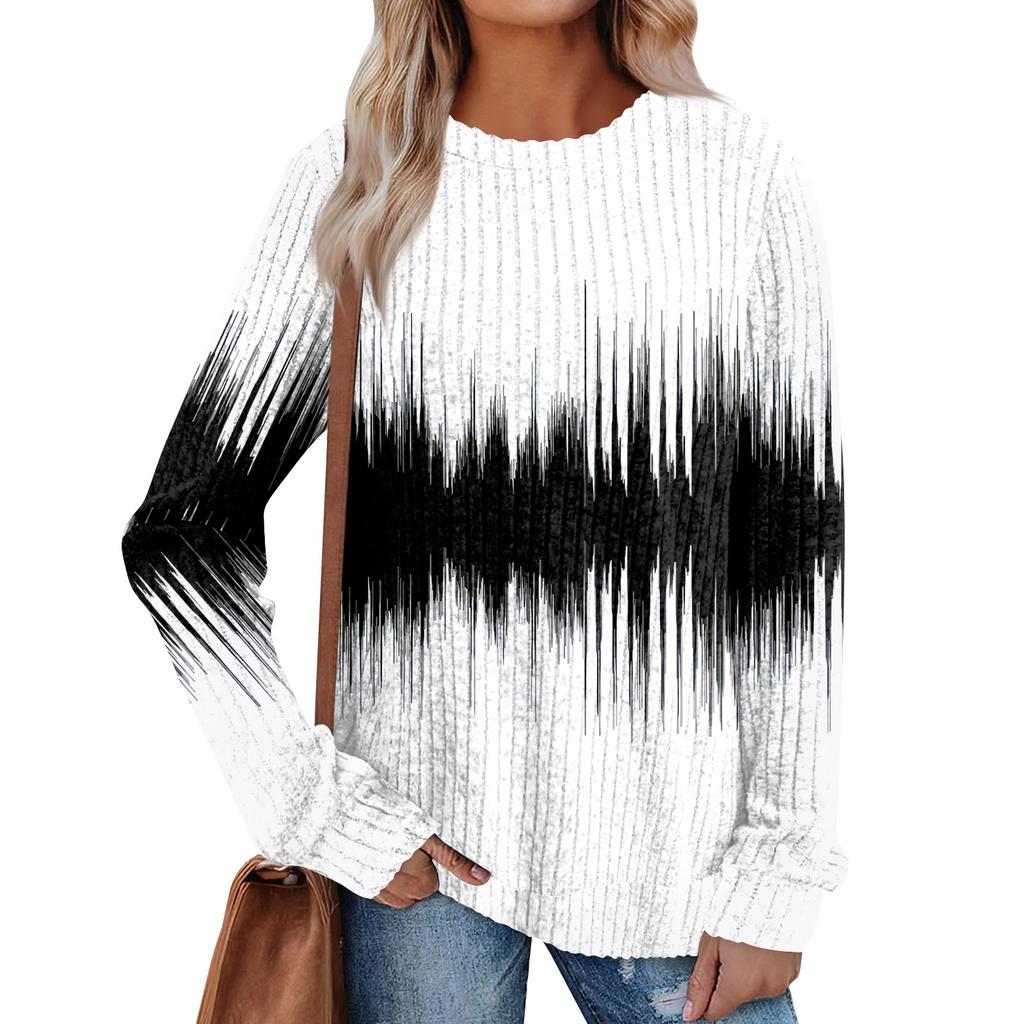 Women's Winter Color-Block Printed Lightweight Brushed-Cotton Round Neck Top
