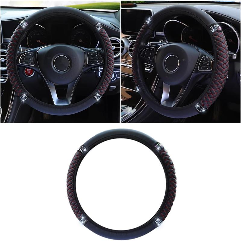 Universal Car Steering Wheel Cover 37-38cm Leather Embroidered Color Diamond-Studded Elastic Four Seasons Steering Wheel Cover