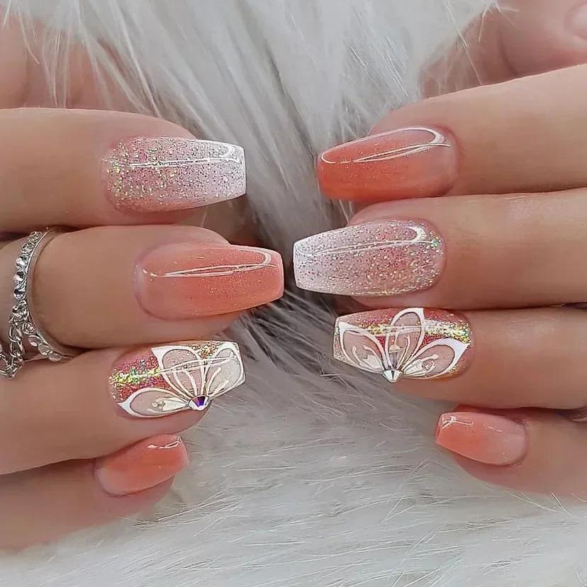 24Pcs Long Coffin False Nails with Love Rhinestone Design Pink French Ballet Fake Nails Manicure Tips Wearable Press on Nails