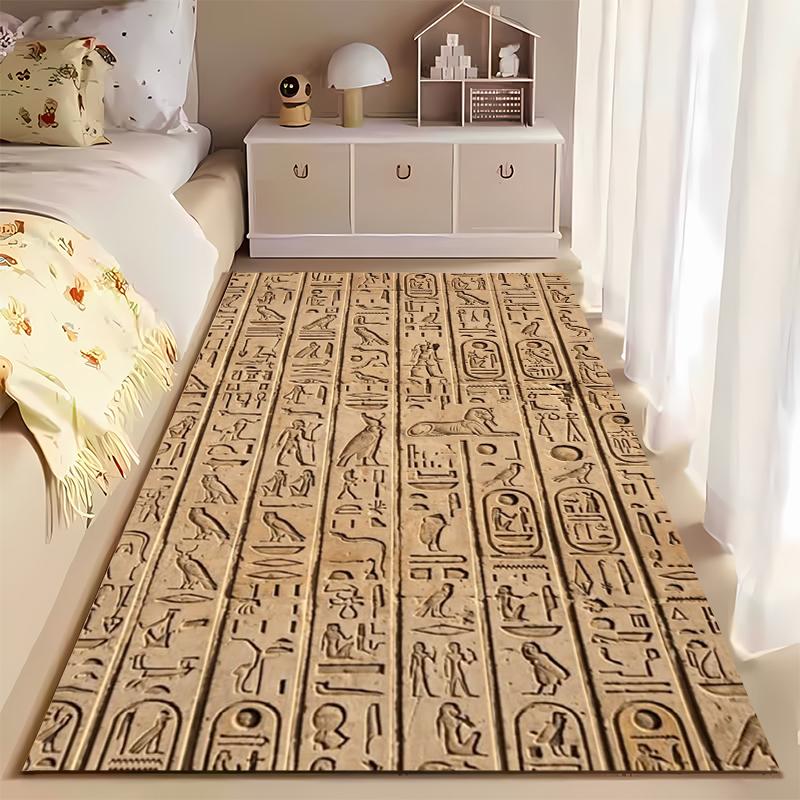 Area Rug, Ancient Egyptian Hieroglyphs Wall Carving Stone Print, Living Room Decor, Non-Slip Mat