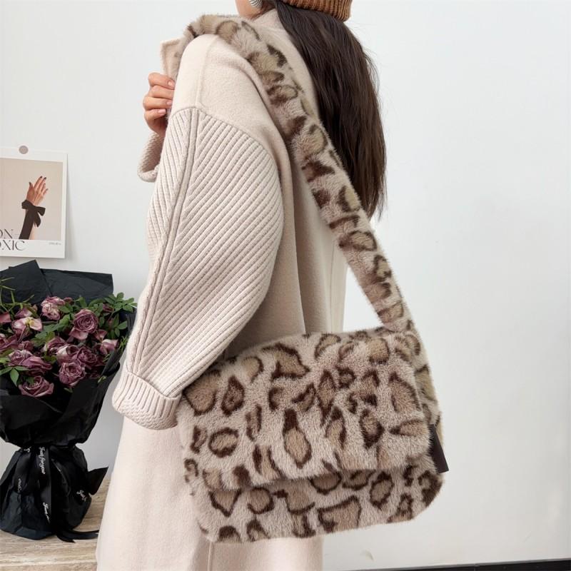 Fall Winter Faux Fur Leopard Tote Bag Large Capacity Shoulder Crossbody Students