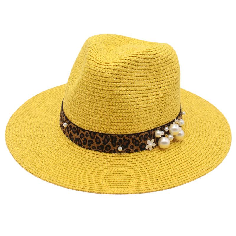 Spring And Summer 2022 New Panama Straw Hat Leopard Print Pearl Top Hat Men And Women Elegant Foldable Jazz Hat