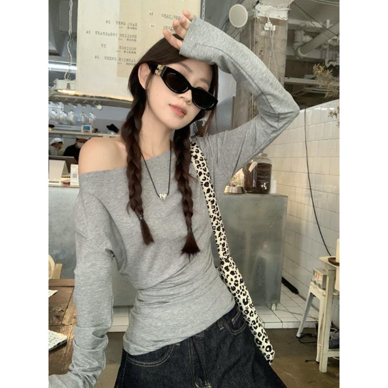Autumn Winter Sexy Fashion Off the Shoulder Solid Waist Shirring Irregular T-shirt Women Long Sleeve Pullover Tee Top