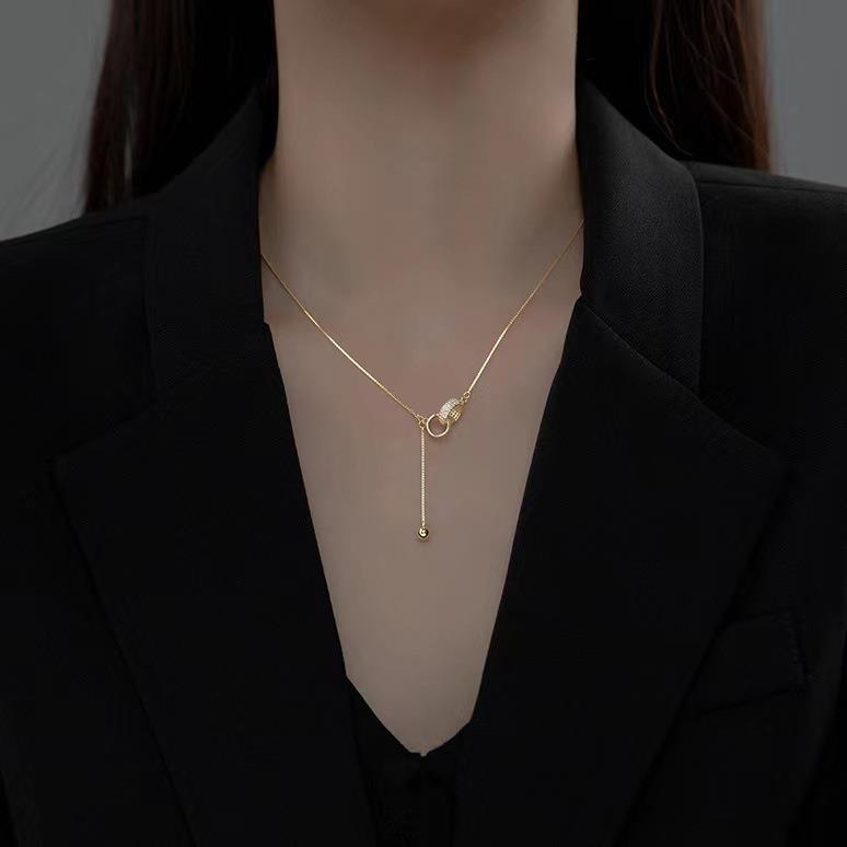925 Round Bead Sparkling Diamond Double Ring Necklace with Tassel Design Fashion Collarbone Chain