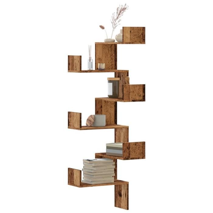 VidaXL Étagère d'angle murale vieux bois 45x45x147cm bois d'ingénierie, étagère d'angle, étagère suspendue, étagère murale 852643