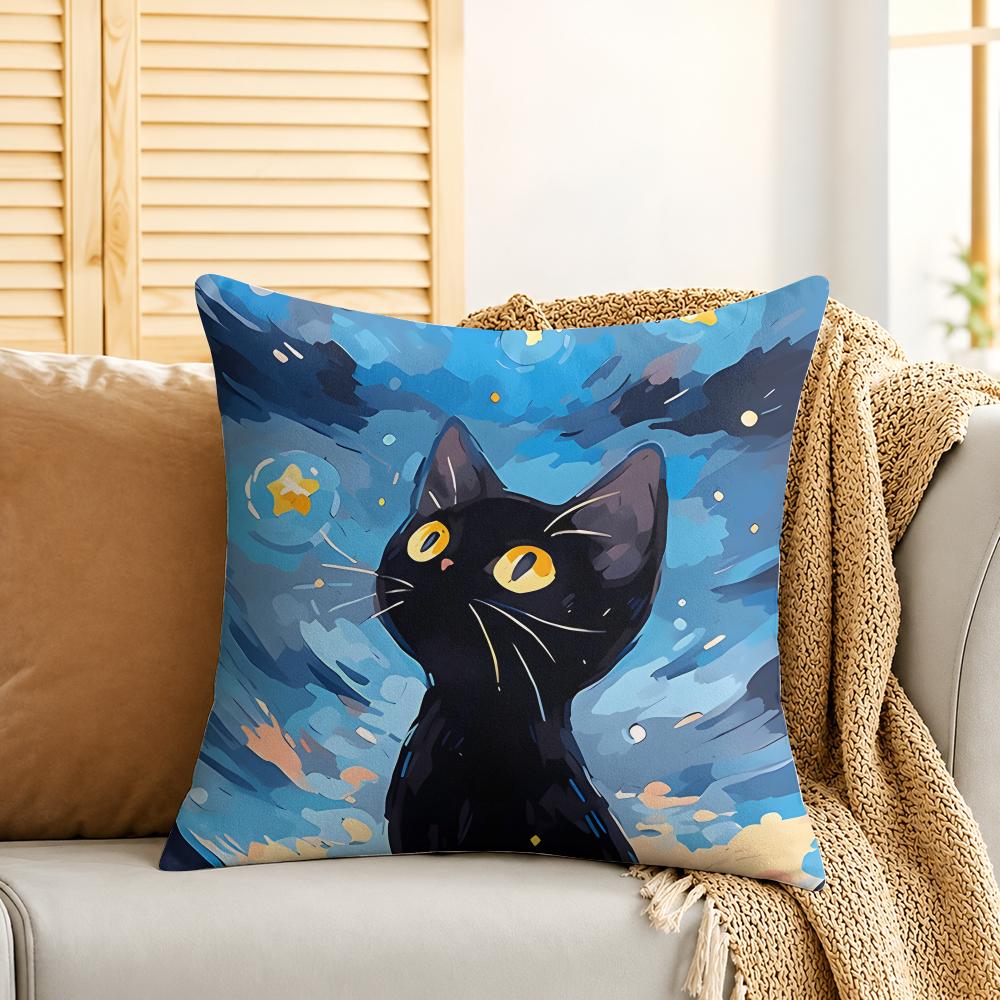Cat Starry Sky Van Gogh Cushion Cover Silky Short Plush Invisible Zipper Dustproof Sofa Pillow Case For Home Decor