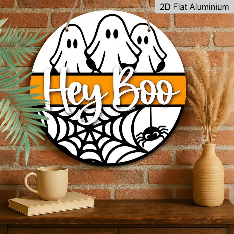 2D Flat, 1pc Round Aluminum Hanging Sign, Ghost Spider Web with "Hey Boo" Word Design, Suitable for Halloween & Christmas Wall Decor, Multi-Holiday
