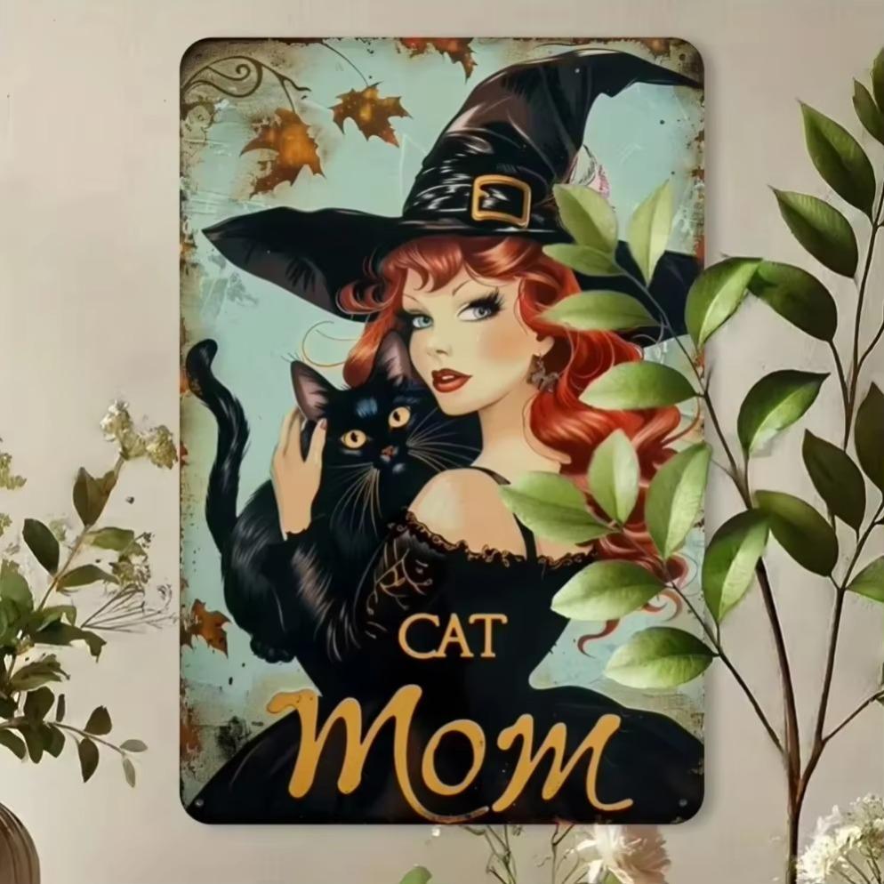 Witch Cat Mom Playful 2D Tin Poster  Flat Plate Decorative Sign  Whimsical Decor for Outdoor Spaces Garden Nooks  Patios