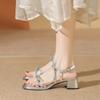 Summer New Bow Open-toe with Sandals Women's Silver French Beautiful Thick Heel High Heels Women