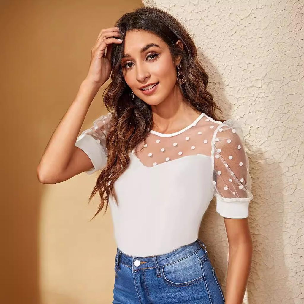 Spring and Summer Women's Mesh Polka Dot Stitching Collage Comfortable Casual Crew Neck Short-sleeve T-shirt