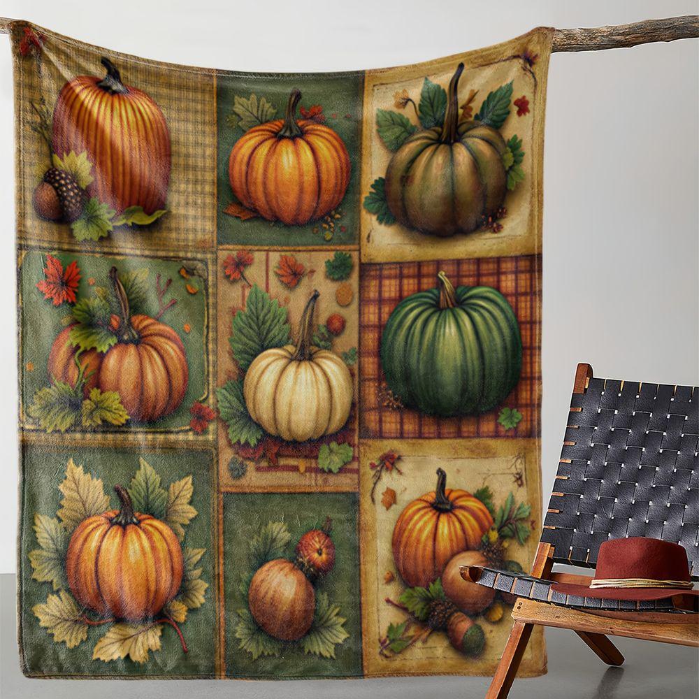 Rustic Harvest Pumpkin Pattern Flannel Throw Blanket Autumnal Thanksgiving Decorations, Soft Cozy Bed Sofa Cover for Living Room Bedroom Decor