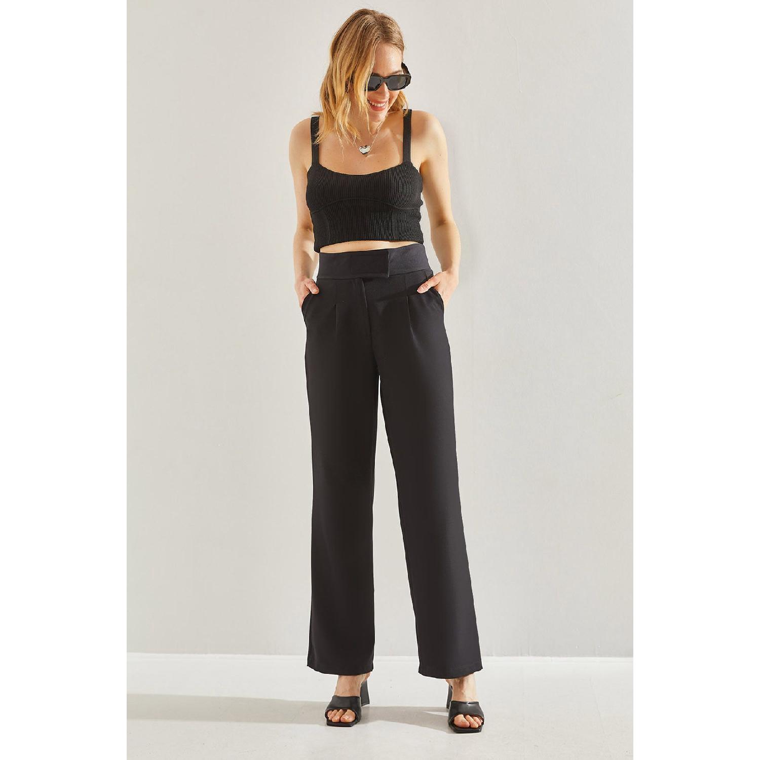 

Women s Double Fabric Velcro High Waist Palazzo Trousers 60221010 M чорний