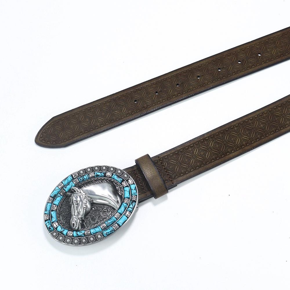 Men'S Western Denim Belt Horseback Retro Blue Retro Horsehead Punk Belt