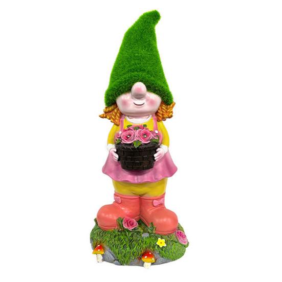Solar Garden Gnome Statue with LED Light Holding Flower Basket Flocking Hat Dwarf Girl Figurine Sculpture Outdoor Decoration Ornament