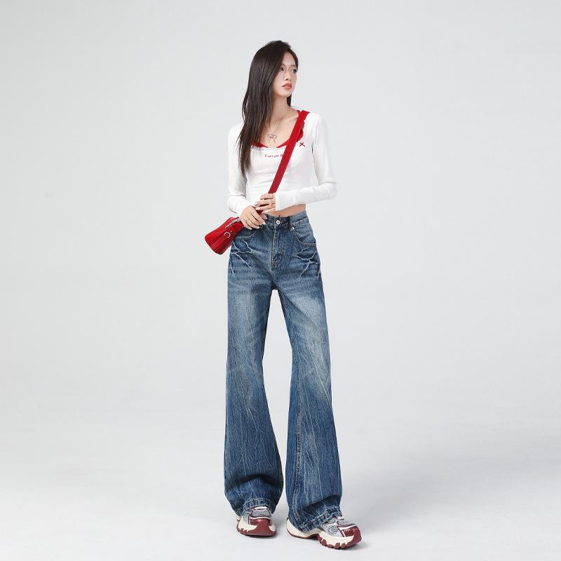 Women's 2024 Autumn/Winter Retro Blue High-Waisted Slim-Fit Micro-Flare Jeans
