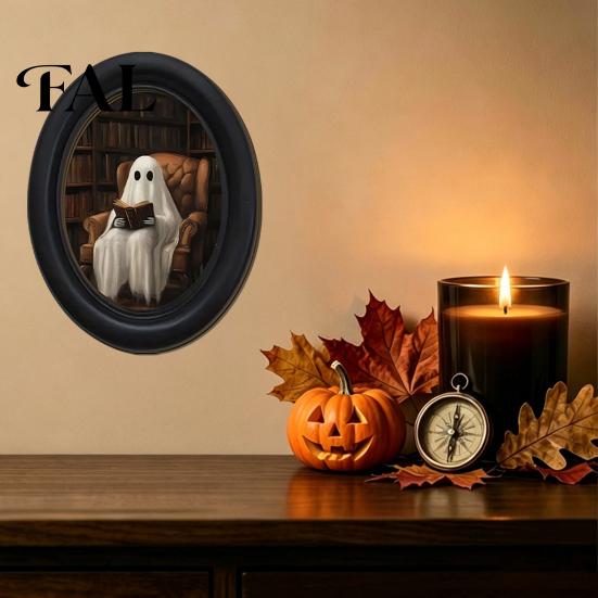 Spooky Aesthetic Room Decor Halloween Wooden Door Hanging Sign, Oval Gothic Black Cat Ghost Wall Plaque, Retro Vintage Home Waterproof Art for