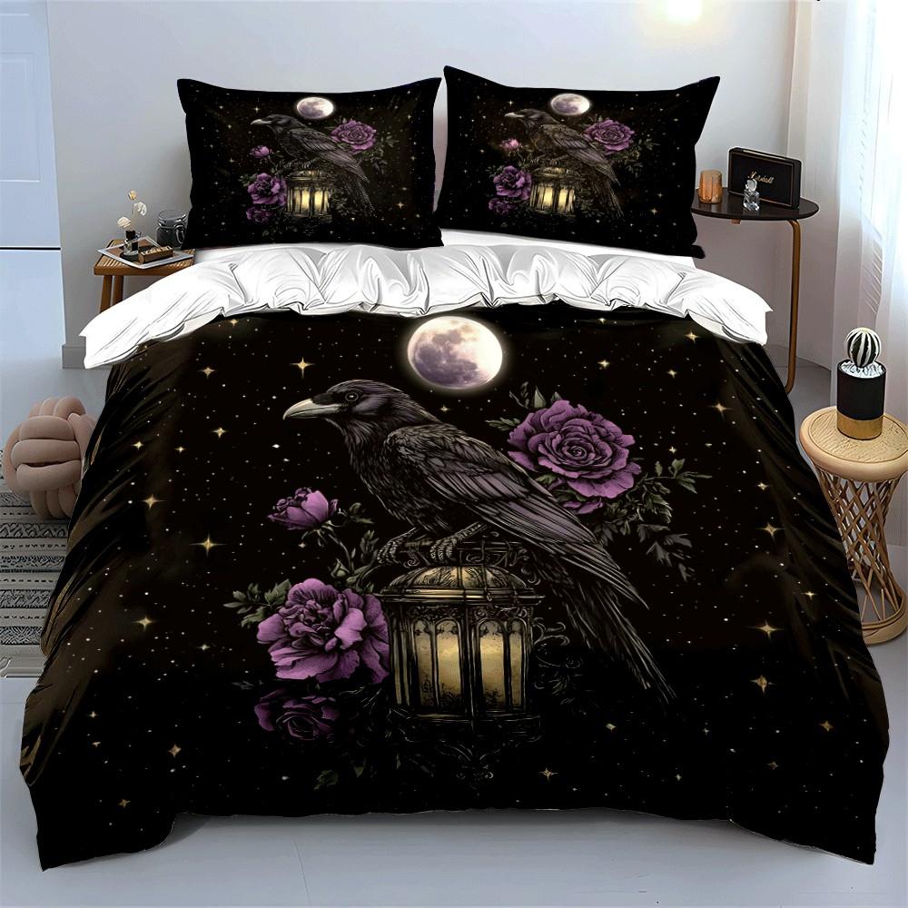 Raven, Lantern, Moonlit Elegance Exquisite Three-Piece Bedding Set Gift For Kids And Adults