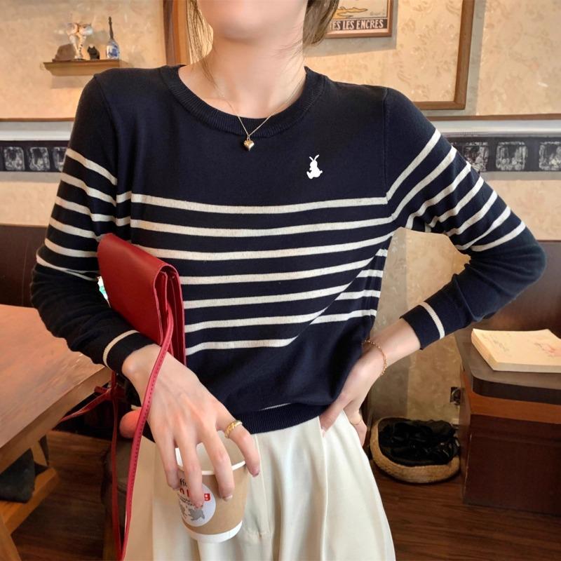Chic temperament Early autumn crew neck retro high-end striped embroidered inner long-sleeved knitted bottoming shirt women's top
