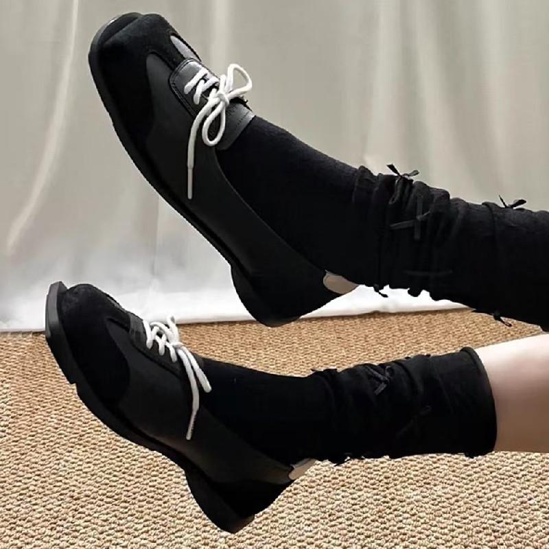 Fashion Novelty Lace Up Ballet Sneaker Flats Women Square Toe Splicing Design British Style Mary Jane Shoes Cozy Non-Slip Designer Pumps