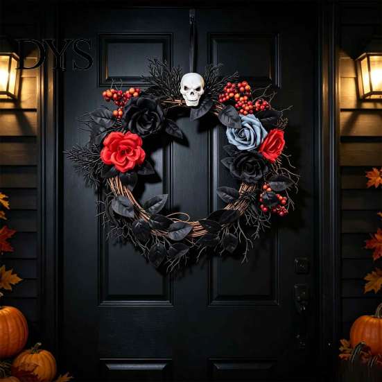 Halloween Wreath for Front Door Gothic Black White Blue Rose Twig Wreath, 15 Inch Skull Decorative Fireplace with Twisted Branches And Berries