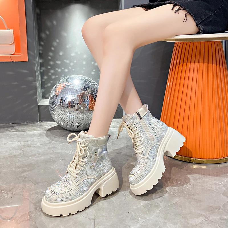 Mode Pailletten Diamant Kurze Stiefel Damen Herbst Winter Luxus Mode High Top Dicke Ferse Schnürstiefel Outdoor Party Freizeit Schuhe