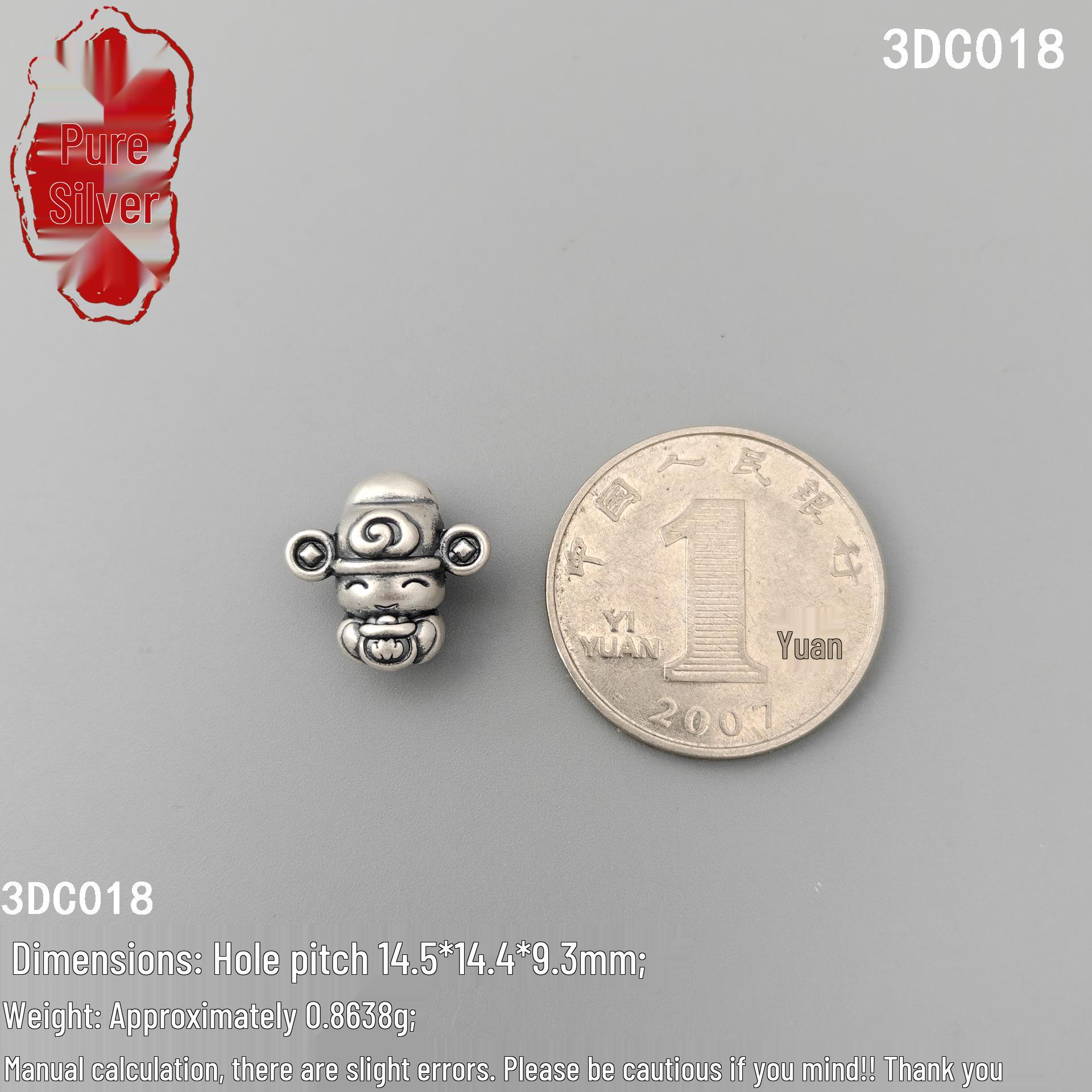 Sterling Silver 999 Cartoon Wealth God 3D Ancient Style Bracelet Beads - Handmade DIY Pure Silver Accessories 999 Pure Silver: Single Price