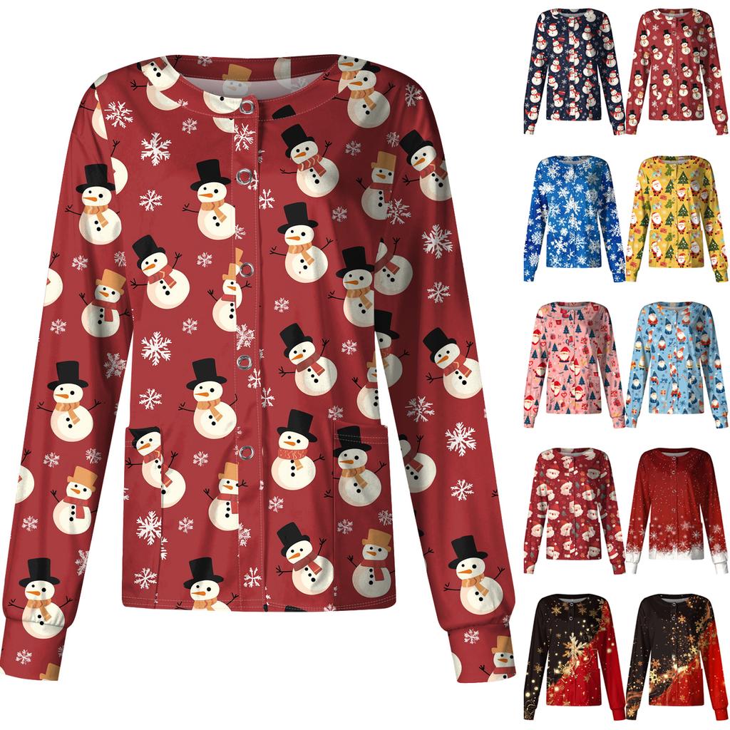 Dámský ležérní kardigan s dlouhým rukávem a jednořadým zapínáním, s vánočním potiskem, ochranný oděv