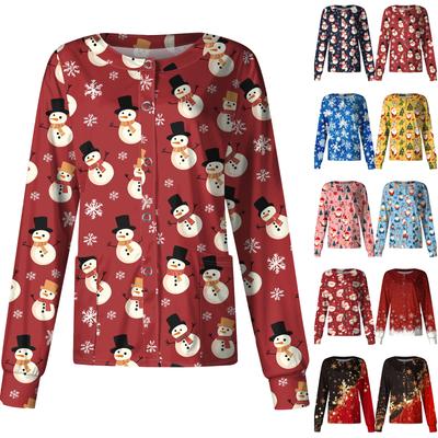 Women's Casual Long-sleeved Single-breasted Christmas Printed Protective Clothing Cardigan Top