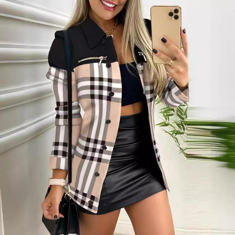 

Осенне-зимняя женская куртка с лацканами с длинным рукавом и застежкой-молнией с цветными блоками XXXL