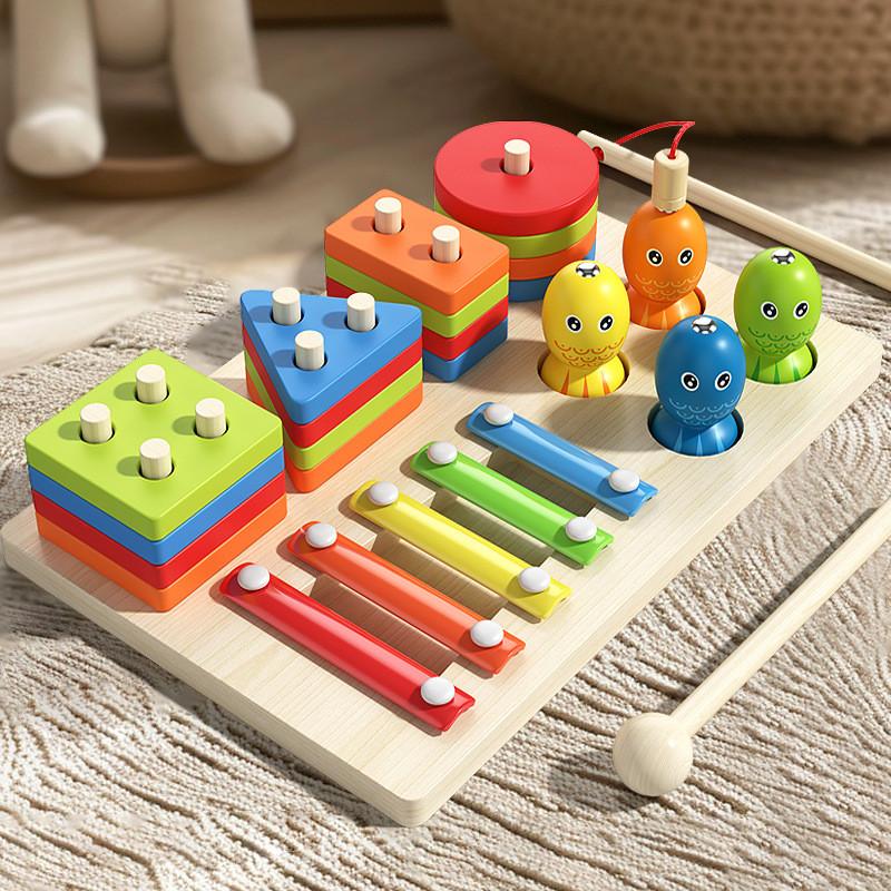 Wooden Fishing Childrens And Play The Qin Three In One Set Of Toy Columns