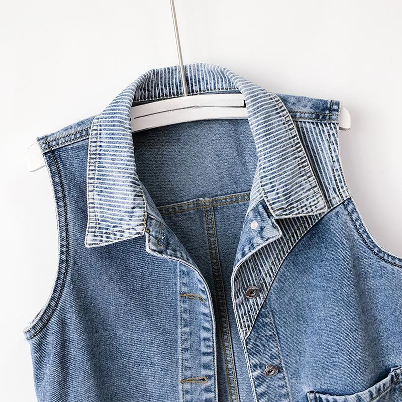 Trendy Striped Denim Vest Women Short Jacket Slim Fit Casual Spring Fall Fashion