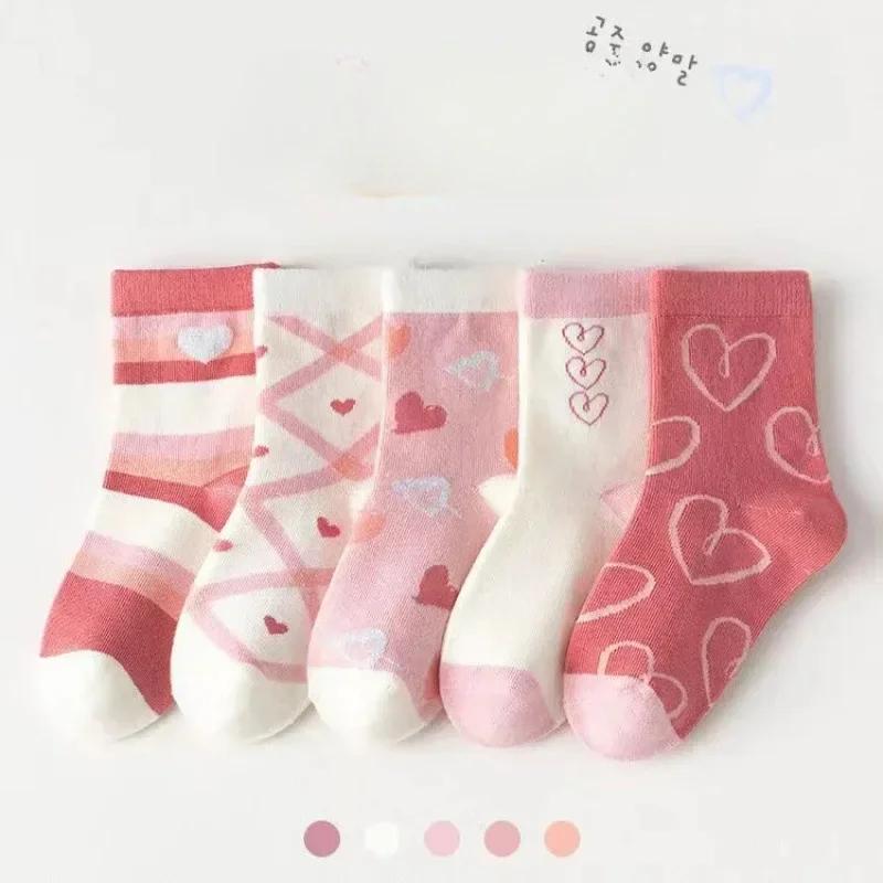 5 Pares/Lote Calcetines de Algodón Suave para Niños Estampado Coreano de Corazón de Amor Flor Calcetines de Bebé para Niña Otoño Invierno Cálidos Calcetines de Tubo Medio para Niños