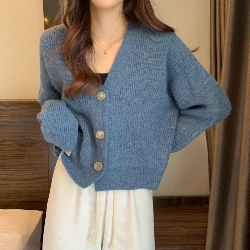 Pletený sveter sveter Ženy voľný Lenivý sveter s výstrihom do V s dlhým rukávom Bunda Japonský College Ležérny Pevný sveter Cardigan ženský