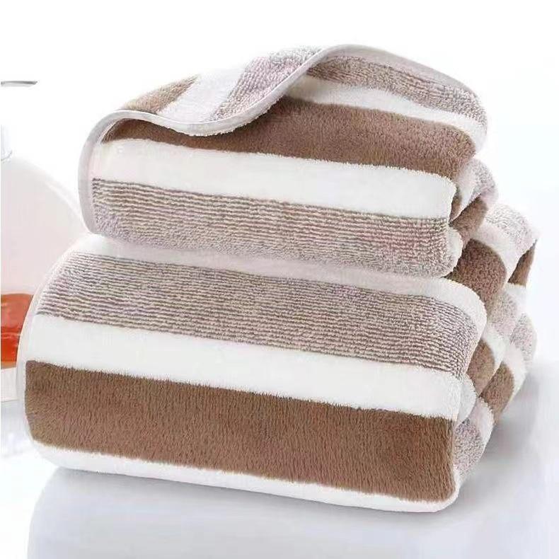 Striped Coral Fleece Bath Towel - Absorbent, Thickened Beach & Household Use