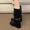 Vintage Belt Buckle Woman Western Cowboy Boots Low Heel Knight Long Booties botas de inverno feminina