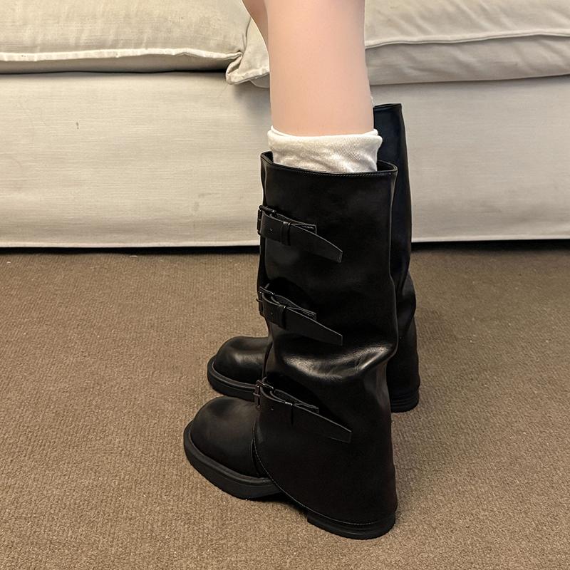 Vintage Belt Buckle Woman Western Cowboy Boots Low Heel Knight Long Booties botas de inverno feminina