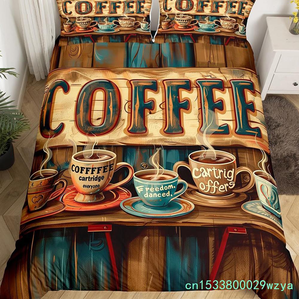 Coffee Duvet Cover Queen King Cartoon Coffee Drink Cup Print Bedding Set Coffee Lover Comforter Cover Modern Brown Quilt Cover