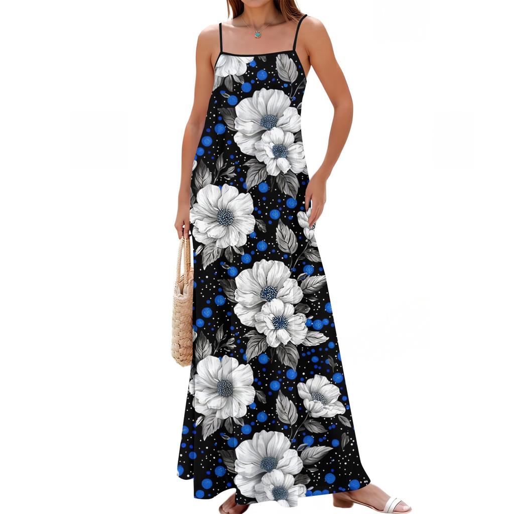 Women's Spring And Summer Casual Fashion Adjustable Suspenders Printed Long Dress