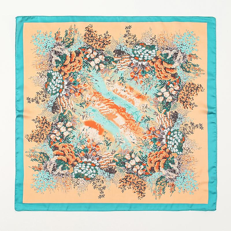 70cm Floral luxury Silk Feel Square Scarf Female Soft Satin Handle Hijab lady Bandana Foulard Bag Ribbon