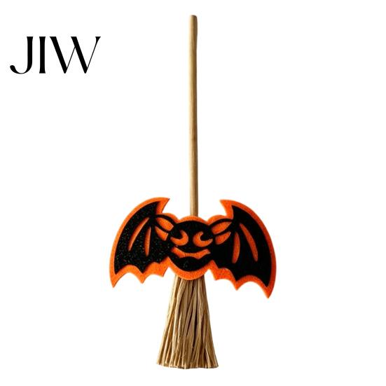 Mini Halloween Desktop Decor Broomstick Ornament, Witch Pumpkin Bat Ghost with Natural Grass Handmade Festive Craft Broom, Tabletop Prop for