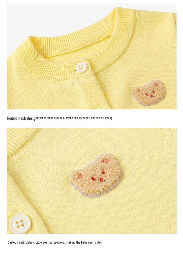 Korean Style Girls' Bear Embroidered Cotton Sweater Cardigan for Spring & Autumn