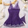 New Sexy Women's Purple Lace Nightgown Set See Through Suspender Deep V Pajamas Dress Erotic Babydolls Sexy Honeymoon Lingerie