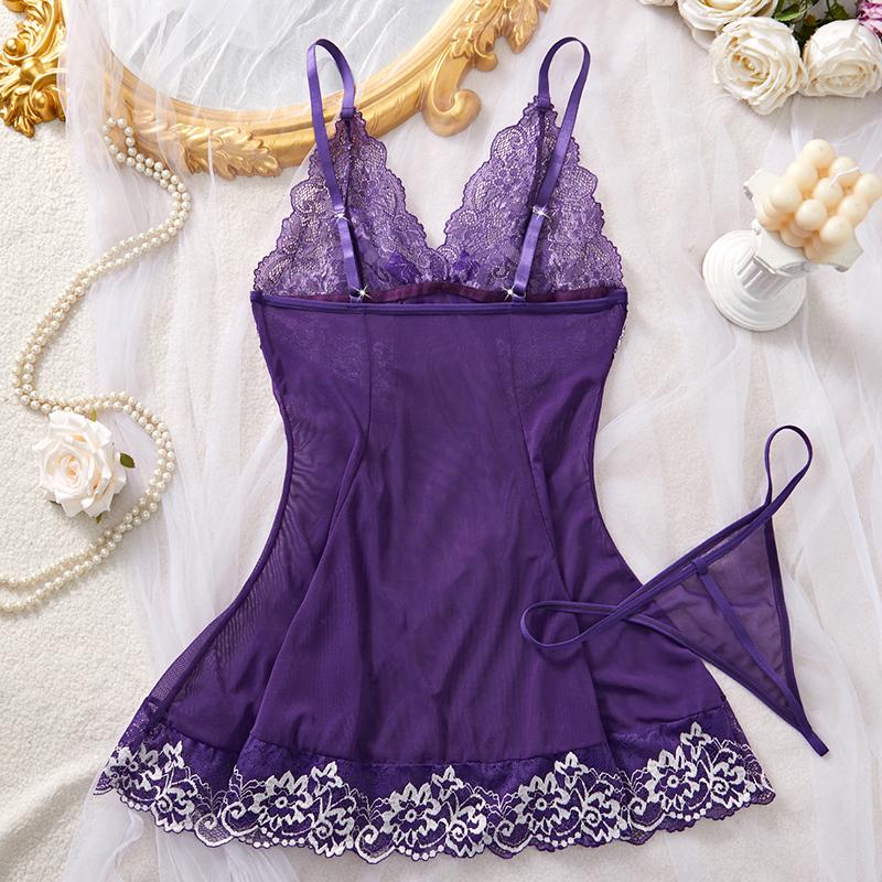 New Sexy Women's Purple Lace Nightgown Set See Through Suspender Deep V Pajamas Dress Erotic Babydolls Sexy Honeymoon Lingerie