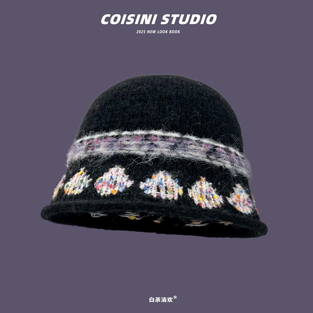 New Fair Island jacquard knitted fisherman s hat children s season warm versatile wool basin hat shows small face One size fits all чёрный