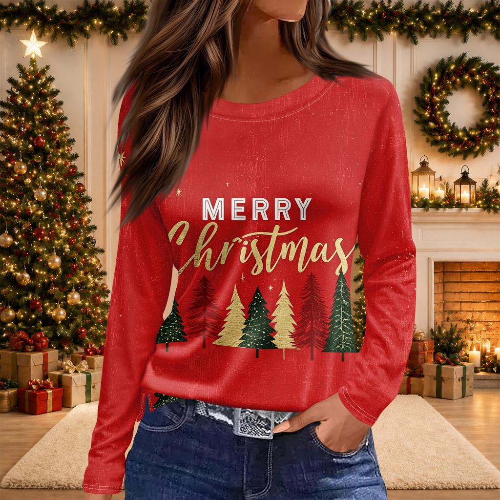 Women's Christmas Print Long Sleeve Neck Top with Side Slit Hem