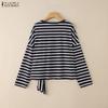 ZANZEA Women Casual Round Neck Loose Long Sleeve Stripe Blouse