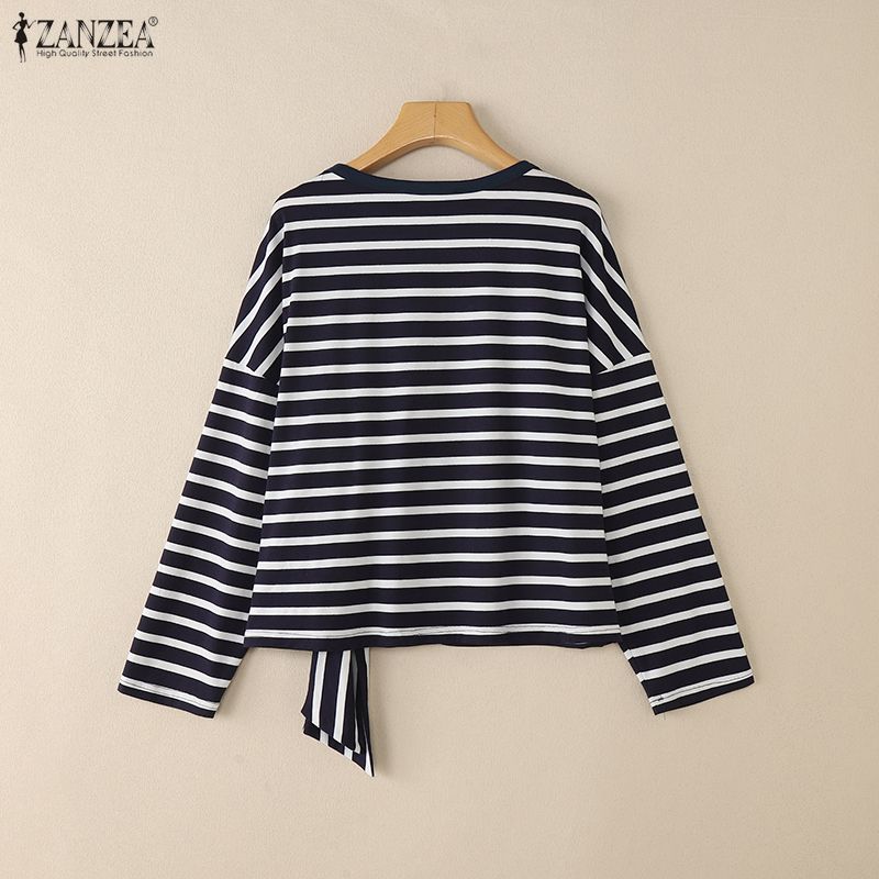 ZANZEA Women Casual Round Neck Loose Long Sleeve Stripe Blouse
