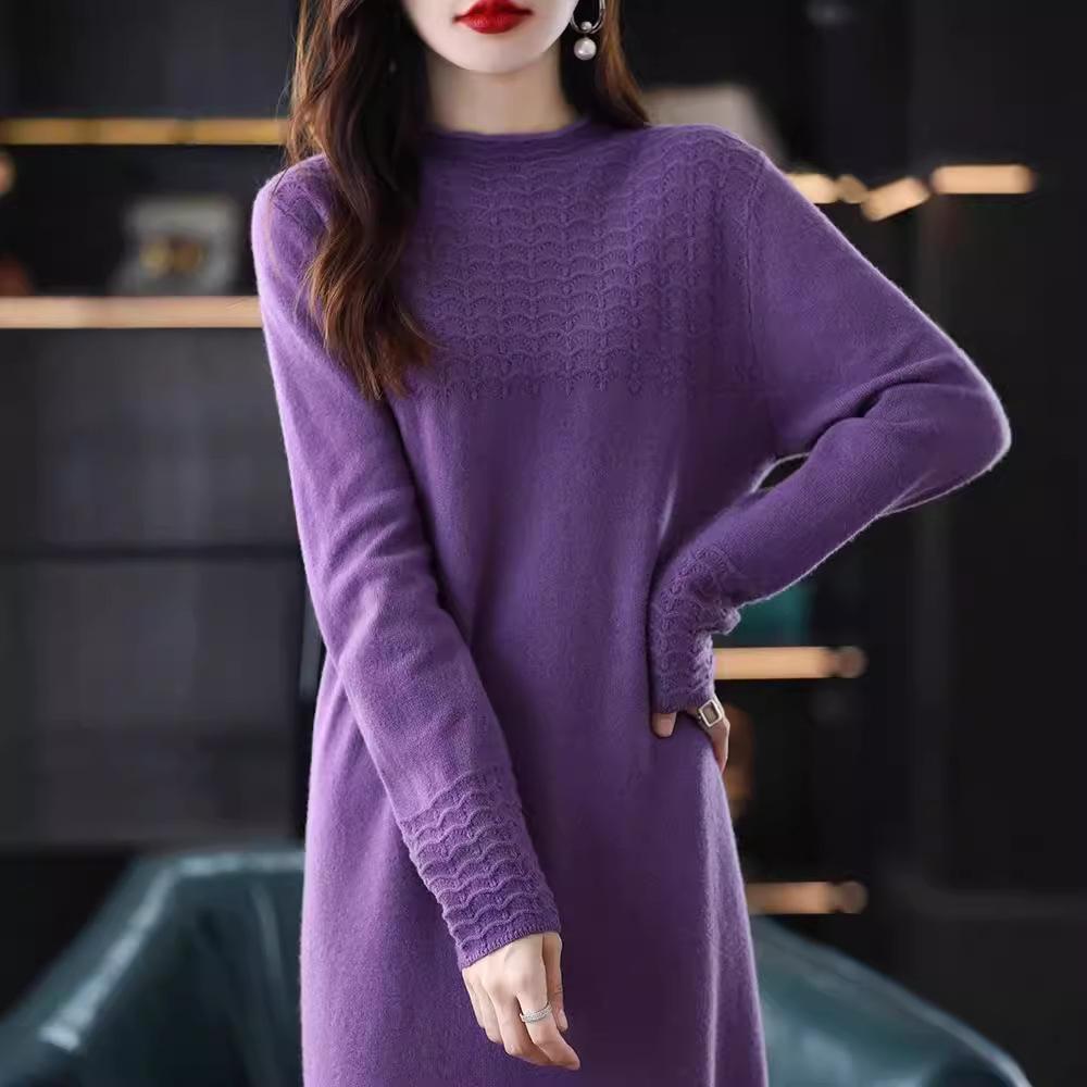 

Платье с полувысоким воротником для женщин Миди длины До колена Свитер Свободное вязаное платье-свитер для осени и зимы M фиолетовый