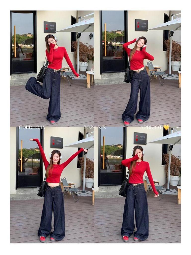 Women's Long Sleeve Slim Fit Red T-Shirt - Stylish Spring/Autumn Base Layer 2025